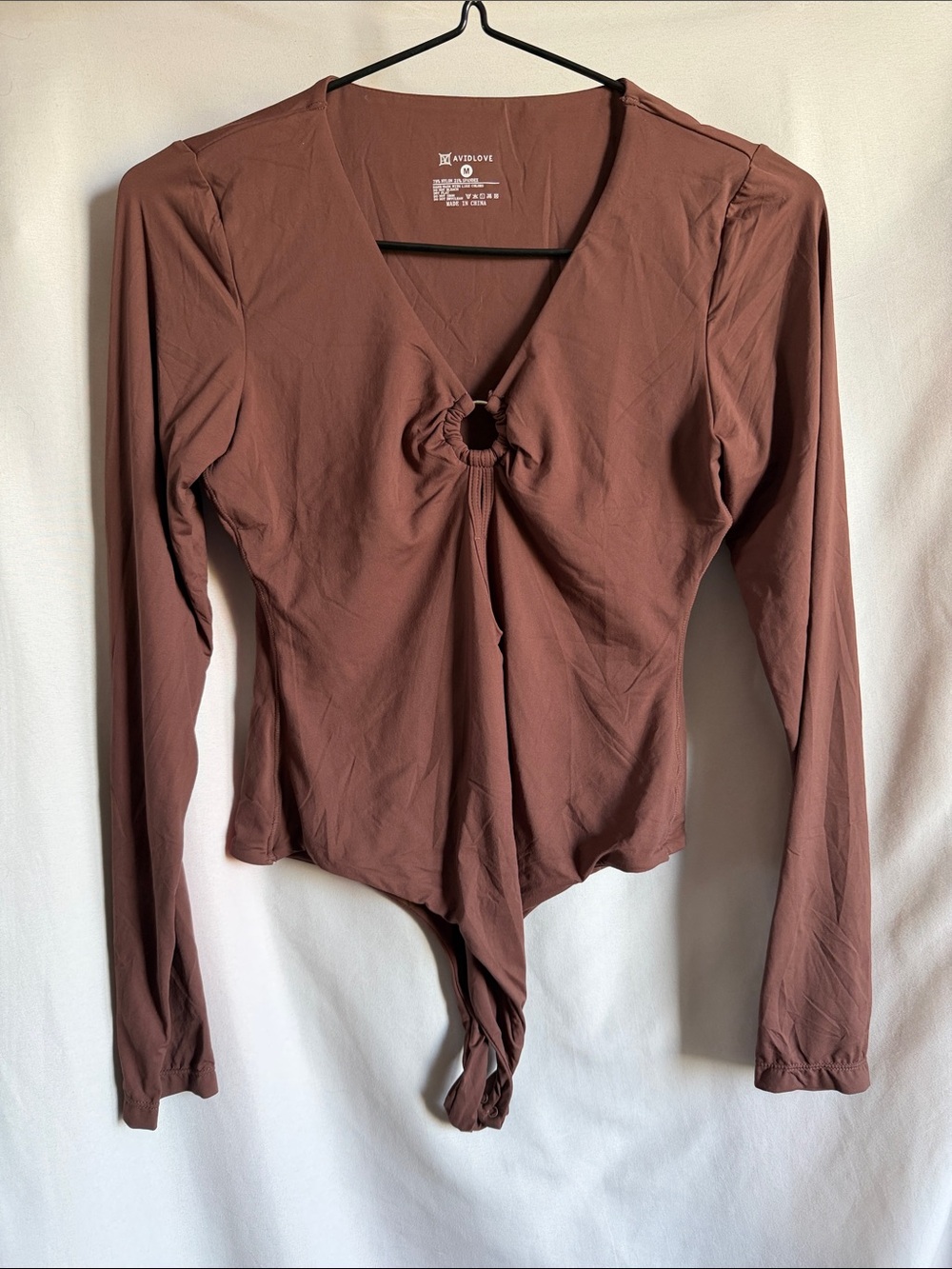 Long Sleeve Ring-Front Bodysuit in Mauve Brown